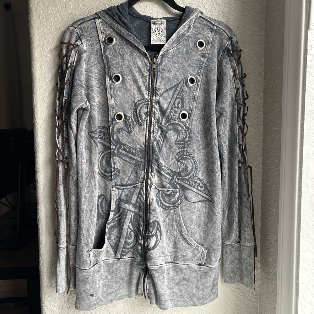 Washed Gray Lace-Up Sleeve Zip Hoodie with Graphic